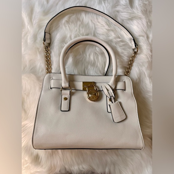Hamilton Elegant Cream Medium Leather Satchel with Gold Accents hard wear - Picture 2 of 14
